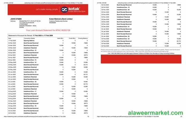 India Kotak Mahindra Bank account statement Word and PDF template, 2 pages